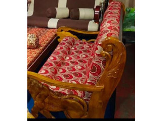 DINNIG TABLE SET TEAKWOOD ROUND BLACK GLASS TOP (6 SEATER+ CHAIRS)+TEAK WOOD SOFA SET (5SEATER+1+1)